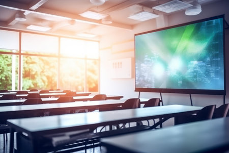 Engaging Learning Environment: Immersed Students in Educational Hall equipped with Projector and Infの素材
