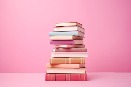 The Power of Knowledge: Unveiling Educations Infinite Potential with a Pile of Books on a Vibrant Pの素材