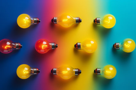 Harmonious Glow: Vibrant Multicolored Lightbulbs Illuminate a Sunny Yellow Canvas (AR 3:2)の素材