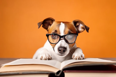 Pawsitively Studious: Jack Russell Terrier Embracing Canine Knowledge with Glasses and Bookの素材