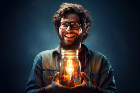 Unleashing the Brilliance: A Mans Electric Encounter with a Jar of Ideasの素材