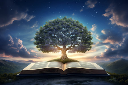 The Majestic Tree of Knowledge Rises from the Pages, Bathed in a Dramatic Skyの素材