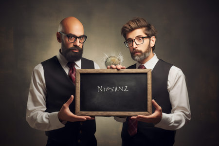 Unleashing the Power of Knowledge: Two Men Empowering Minds with a Mini Blackboardの素材