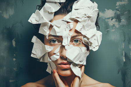 Exploring Inner Turmoil: A Vertical Creative Collage Portrait of a Person with Crumpled Paper for aの素材
