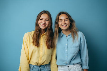 Vibrant Duo in Denim: Two Fashionable Students Embrace Casual Chic on Blue Backdropの素材
