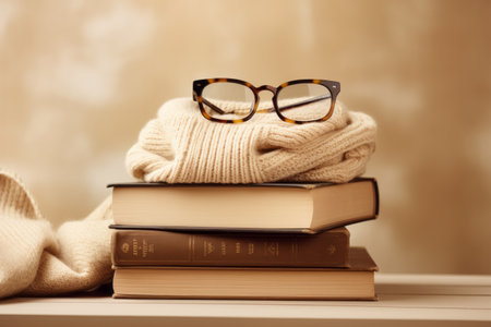 Cozy Comforts of Home: A Delightful Blend of Warm Sweaters, Books, and Glassesの素材