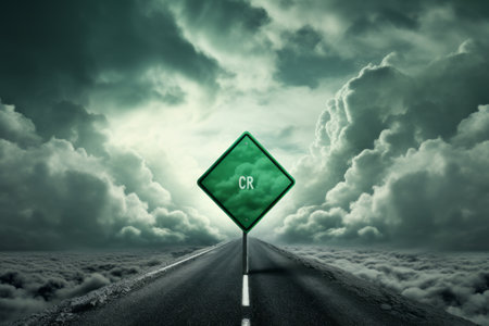 The Illuminated Path: Wisdom Green Road Sign Guiding Through the Cloudsの素材
