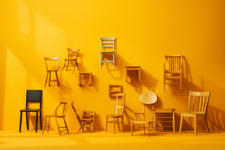 Vibrant Visuals: Showcasing Wooden Chairs on a Lively Yellow Background [AR 3:2]の素材
