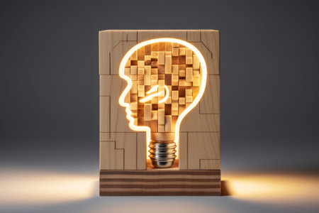Innovative Wooden Cube: Featuring a Lightbulb Icon, Gears, and Creativity - Inspiring Concept for Inの素材