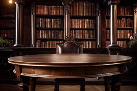 Enchanting Harmony: A Wooden Table Amidst a Librarys Allure -AR 3:2の素材