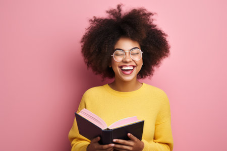 The Joyful Radiance: A Smiling African American Woman Embracing Knowledgeの素材