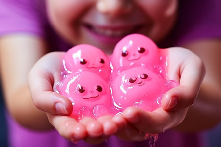The Joyful Exploration: A Close-Up of a Girls Hands Engaging with a Pink Slimeの素材