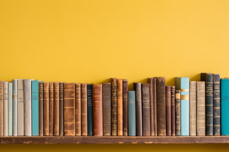 A Vintage Paradise: Delightful Display of Old Books on a Vibrant Yellow Shelfの素材