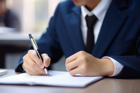 Focused Undergraduate Engaged in Final Exam: Captivating Scene of University Student in Uniform Writの素材