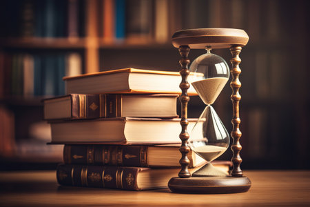 A Nostalgic Snapshot: Vintage-themed Stacked Books and Hourglass in Retro Style (3:2 AR)の素材