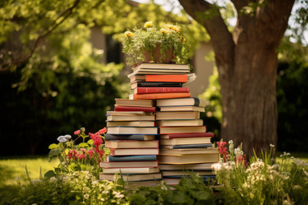 The Enchanting Library Oasis: A Garden Blooming with a Stack of Booksの素材