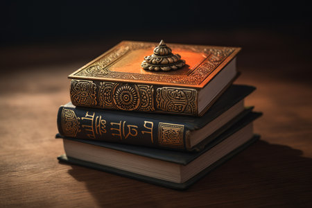 Hindu Symbol Elegantly Engraved on a Stack of Booksの素材