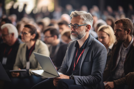 The Versatile Attendees: A Fashionable Caucasian Man Multitasking in a Packed Political Rally, Captuの素材