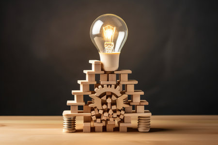 Shining Innovations: Building a Pyramid of Creative Concepts with Gear Head Icons and Light Bulb!の素材