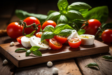 Delectable Medley: Fresh Cherry Tomatoes, Mozzarella, Olive, and Basil on a Rustic Wooden Backgroundの素材