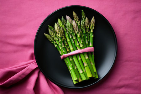 Vibrant and Healthy: Fresh Green Asparagus on a Stylish Black Ceramic Dish, Accented by a Pink Linenの素材