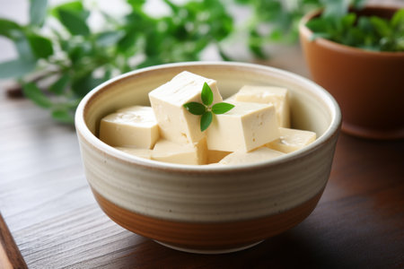 Nourishing Alternatives: Exploring Fresh Soy Curd (Tofu) in a Ceramic Bowl as a Wholesome Plant-Baseの素材