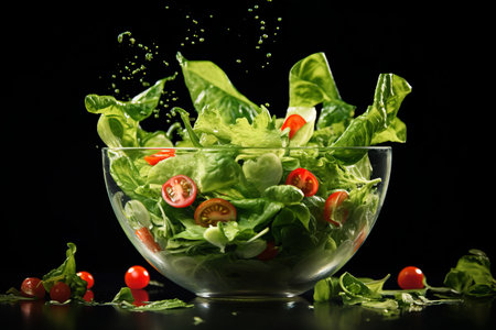 The Whimsical Delight: Levitating Green Vegetarian Salad in a Glass Bowl with Cherry Tomatoesの素材