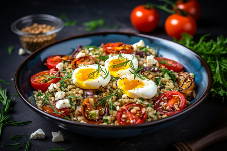 Wholesome Gourmet: Savor the Delightful Blend of Healthy Groats Salad with Grilled Tomatoes, Eggs, Bの素材