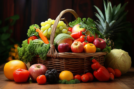 Bountiful Harvest: A Close-up of a Basket Overflowing with Fresh Fruits and Vegetables on a Rustic Wの素材