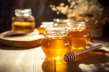 Glowing Gold: Captivating Views of Fresh Honey in Glass Jarsの素材