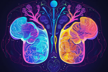Exploring Human Health: 3D Line Art Illustration of Organ Anatomy on Neon Abstract Backgroundの素材