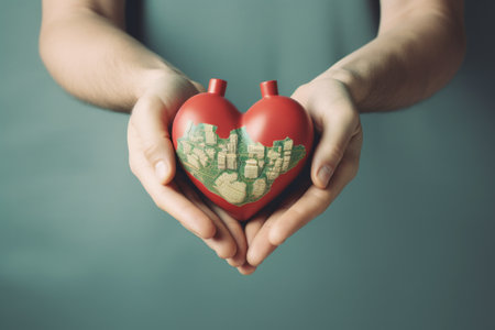 Embracing Global Wellness: Human Hand Displaying Heart for World Health Day Conceptの素材