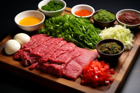 Bibimbap Bliss: Savor the Fusion of Fresh Vegetables and Beef Tartare in a Perfect 3:2 Ratio!の素材