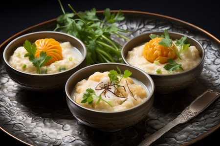 Aromatic Fusion: Laba Garlic, Siu Mai, and Sweet Potato Lily Rice Porridge Delightの素材