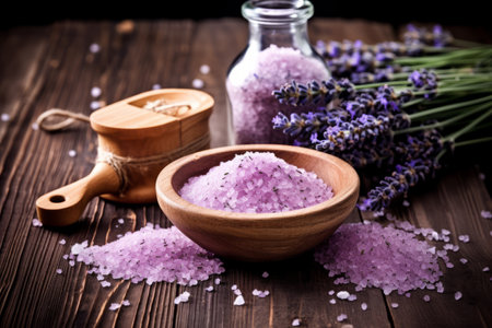 Soothing Serenity: Lavender and Massage Salt on a Rustic Wooden Canvasの素材
