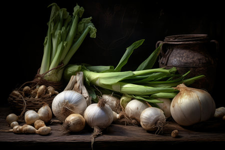 A Rustic Still Life: Leeks, Onions, and Garlic Adorning a Wooden Tableの素材
