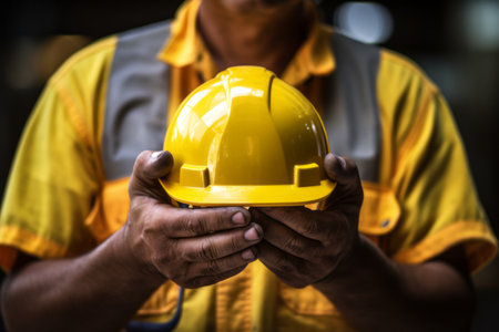 Yellow Helmet Reflection: A Close-Up of a Mans Grip on AR 3:2の素材
