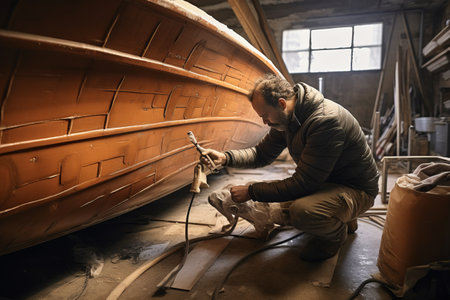 Mastering the Art: A Skilled Craftsman Sanding Bodywork in a Boat Repair Workshopの素材