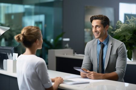 Engaging Dialogue: Communication between a Man and Professional Receptionist in a Clinic - AR 3:2の素材