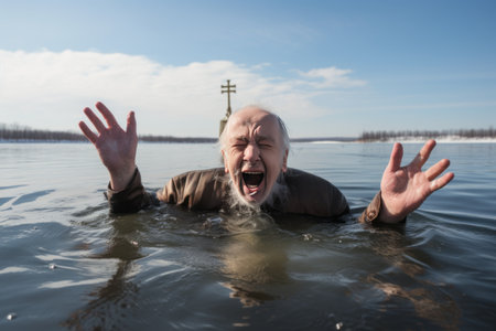 Eccentric Russian Elderly Man Emulates President Putin by Brave Ice-hole Swim during Baptism Feastの素材
