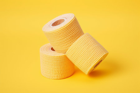 Wrapping with Comfort and Support: Elastic Tensor Bandages on Yellow Backgroundの素材