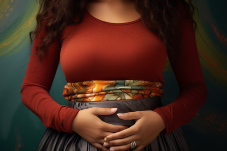 Embracing Diversity: A Close-up of a Multicultural Womans Nurturing Touch on her Stomachの素材