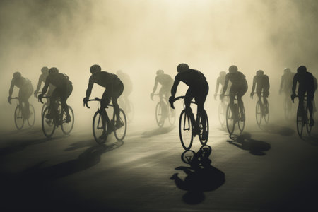 The Graceful Shadows: Cyclists Silhouette in an Intense Raceの素材