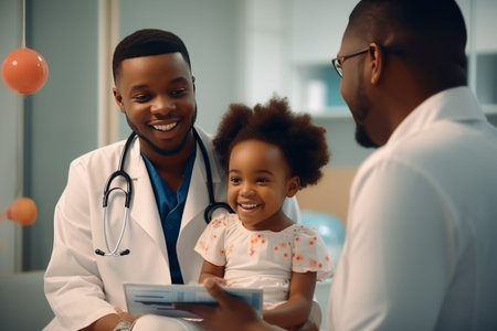 A Joyful Consultation: African Woman Pediatrician, Father, Child, and Nurse Embrace Health Care in Hの素材