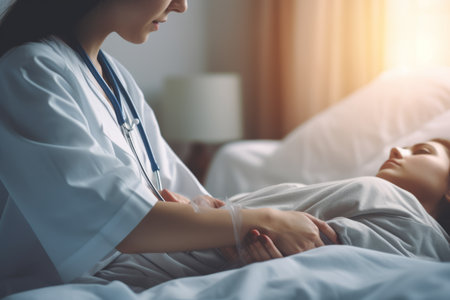 Innovative Home Doctor Concept: Female Doctor Carefully Assessing Arm Pressure in Girls Bedの素材