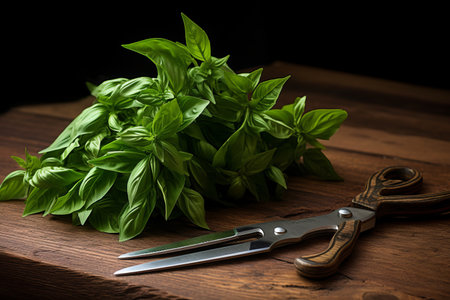 Captivating Still Life: Vintage Scissors Gracefully Trim Fresh Basil Leaves on Rustic Dark Wood Backの素材