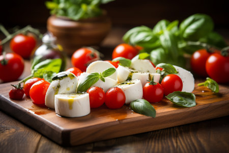Savoring the Mediterranean Delight: Fresh Cherry Tomatoes, Mozzarella, Olive, and Basil on a Rusticの素材