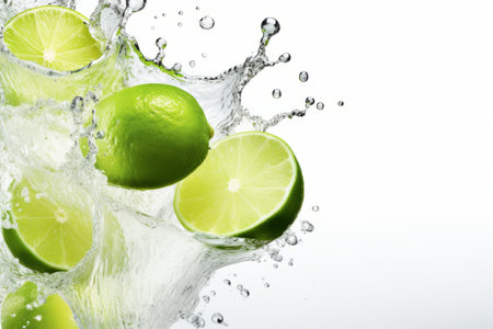 Refreshing Citrus Delight: Vibrant Fresh Limes with Water Splash and Ice Cubes on White Backgroundの素材