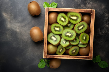 Deliciously Fresh kiwi in a Rustic Wooden Box: A Mouthwatering Fruit Spectacle on a Textured Stone Bの素材