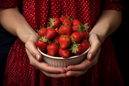 Foto de Glimpses of Summer: A Womans Hand Adorned with Juicy Fresh Strawberries [AR 3:2] - Imagen libre de derechos